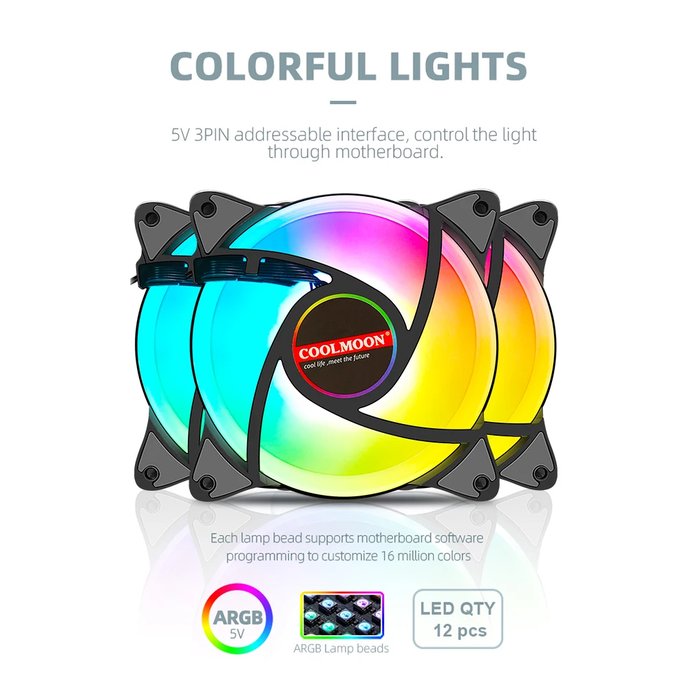 Coolmoon-ventilador de refrigeração para pc, 12cm, 5v, pwm, abordável, argb, dissipador de calor, para desktop, chassis, com controle rgb