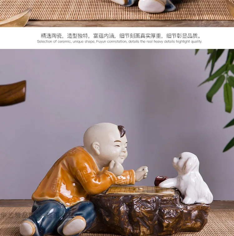 Rare old SHIRAN KILN Kid teasing dog porcelain statue