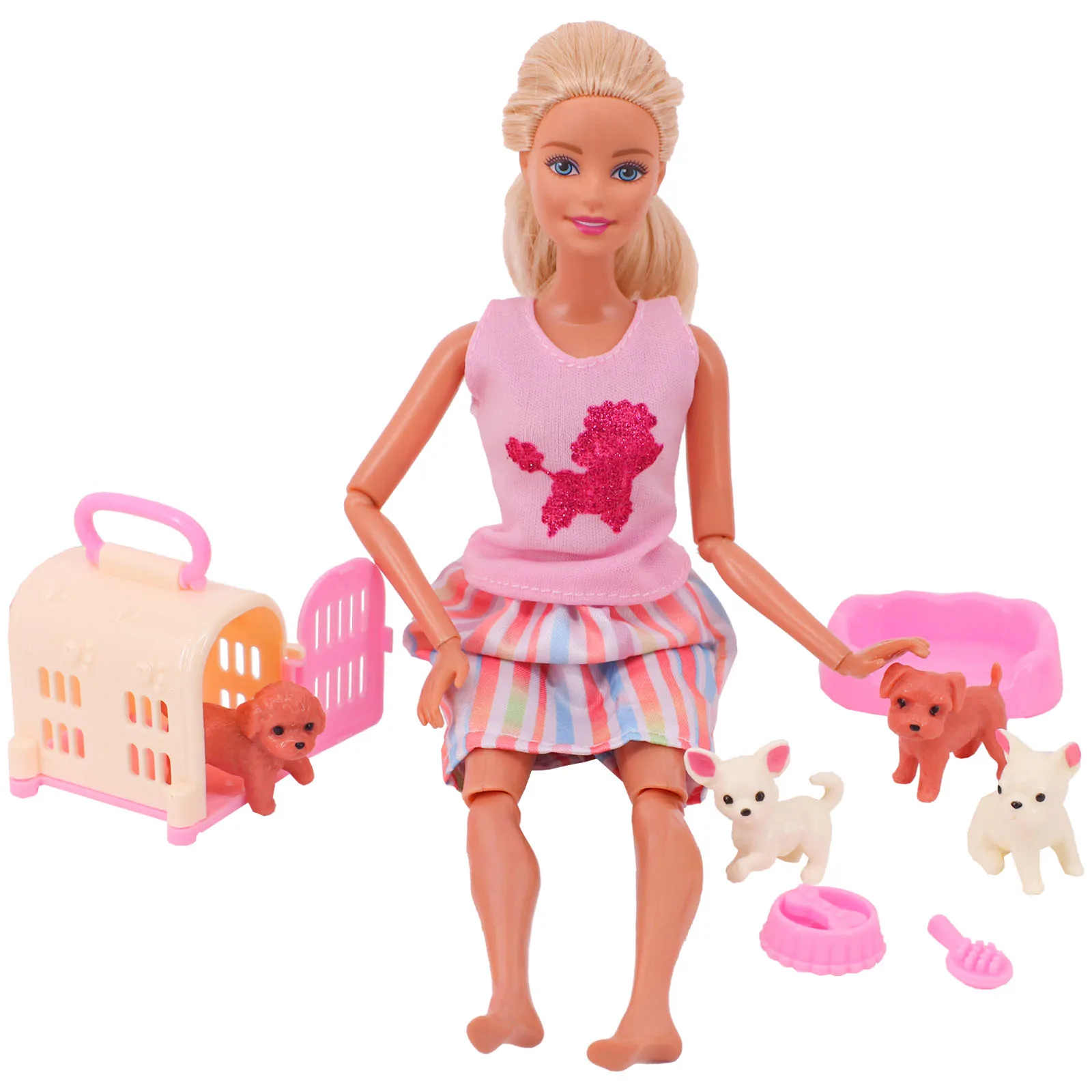 11.8 Inch Barbies Princess Doll Accessories Cute Pet Dog + Cage Animal Simulation Model Interactive Mini Plastic Children\'s Toy