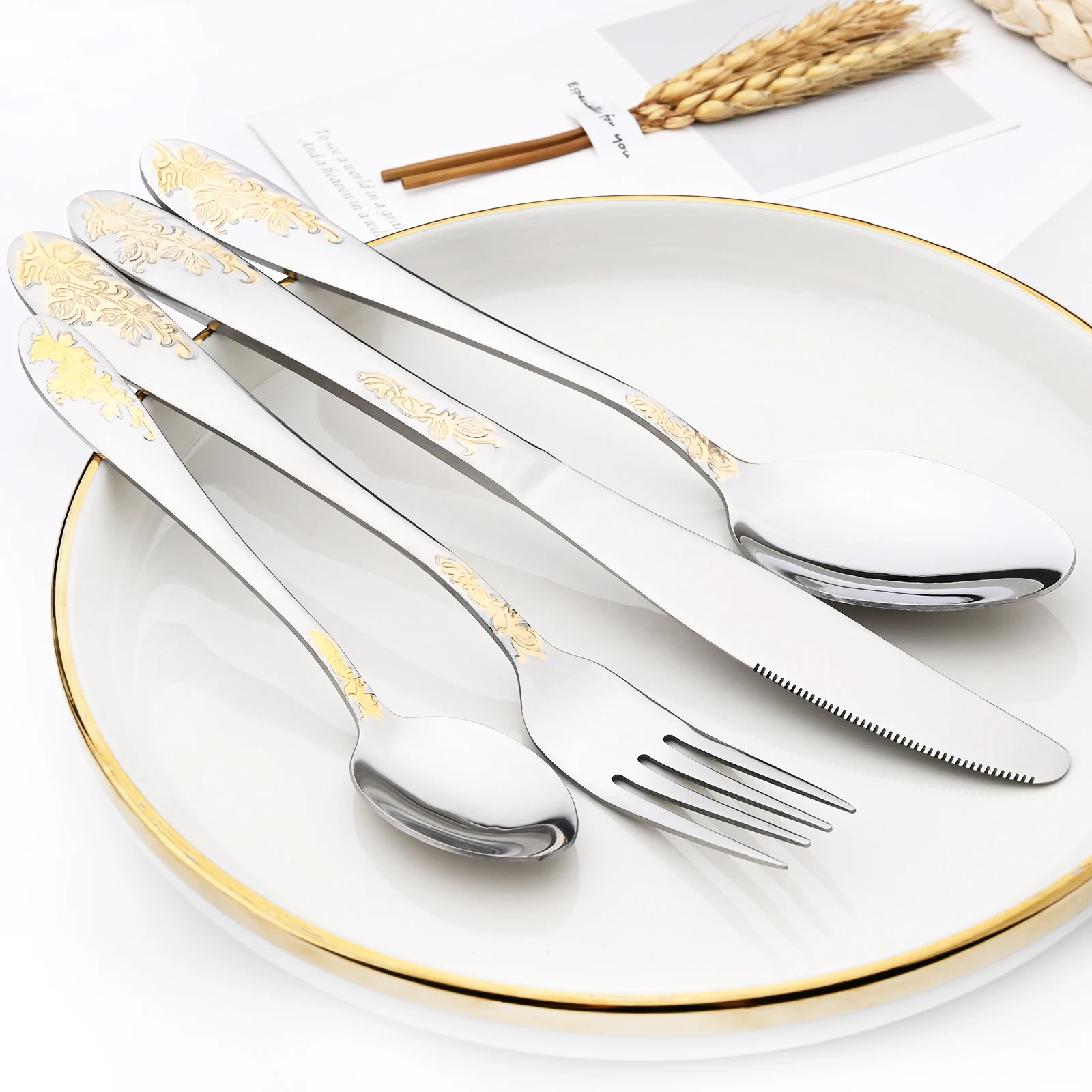 6/24Piece Gold Flower 304 Stainless Steel Luxury Cutlery Set Silverware Set Dinnerware Set Knife Spoons Fork Wedding Tableware