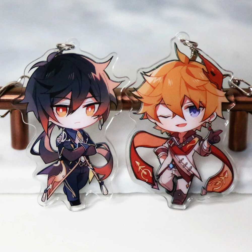 Zhongli and Tartaglia Keychains Double Sided Acrylic Charms Jewelry Anime Genshin Impacts Game Surrounding Ornaments Pendant