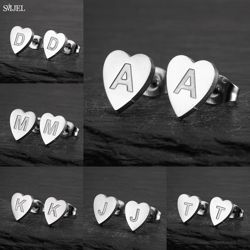 100% Stainless Steel A-Z Initial Earrings for Women Girls Personalize Letter Name Heart Stud Earring Family Jewelry Best Gifts