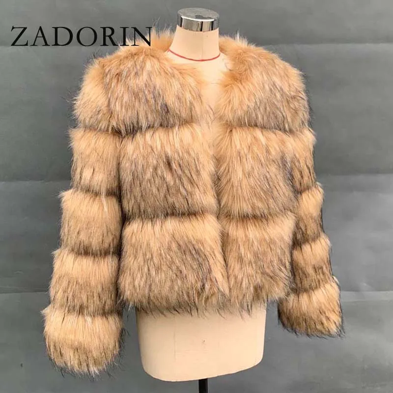 ZADORIN, abrigo de piel sintética de mapache a la moda para mujer, chaqueta superior de piel peluda corta de lujo, abrigos de piel mullidos de felpa para invierno para mujer