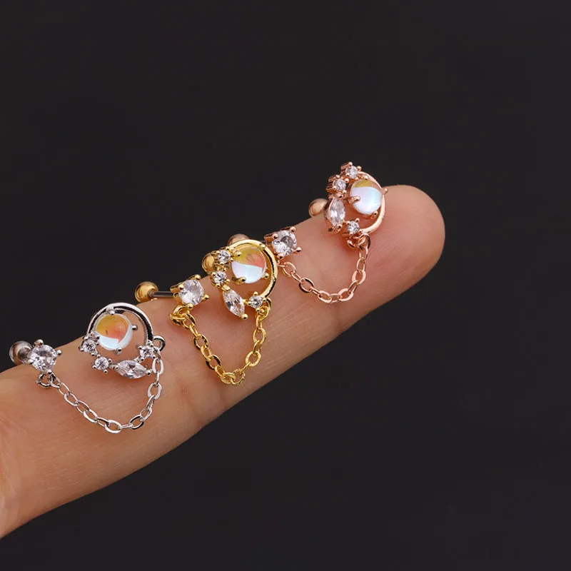 1 قطعة لطيف الحلو صغير جولة الزركون دائرة القرط مع سلسلة العصرية مزدوجة بار ثقب آذان الغضروف مسمار الكفة مجوهرات