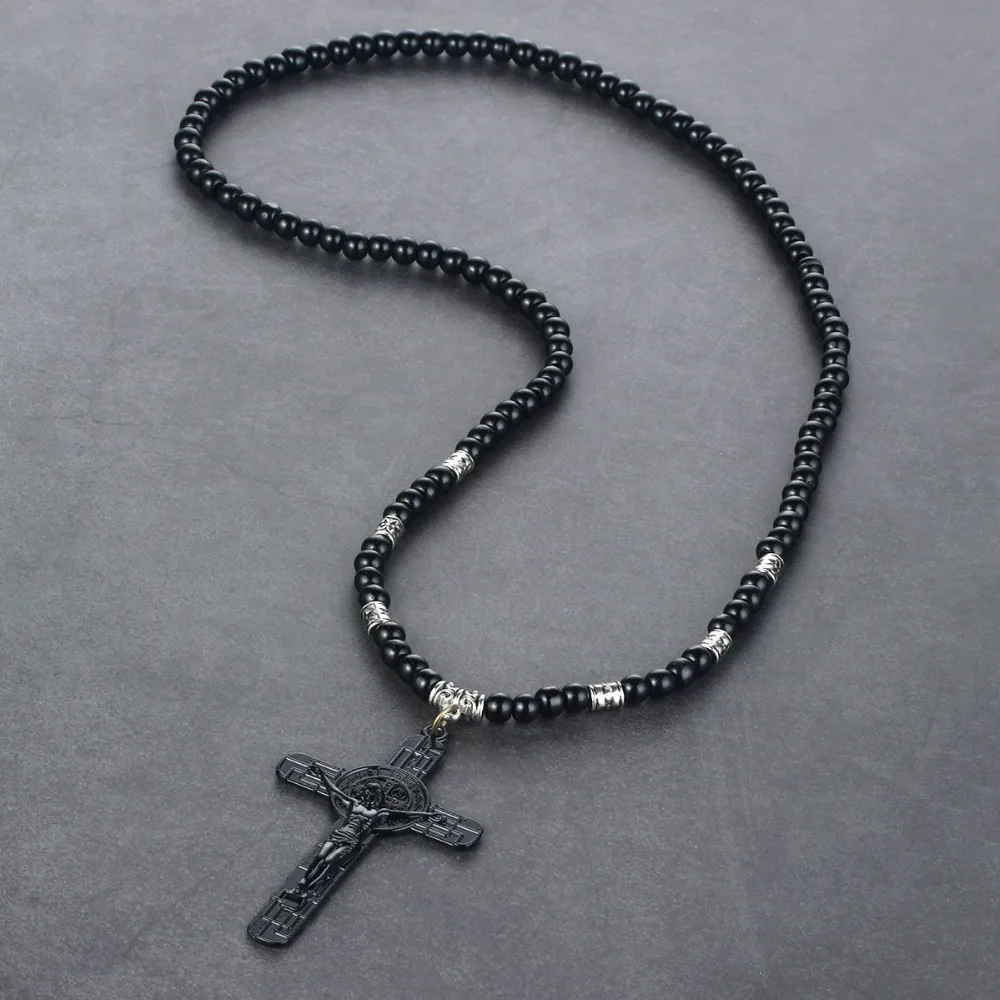 Religious Jesus Cross Necklace Saint Benedict Medal Pendant Necklace for Men Women Leather Rope Black Beads Chain Jewelry Gift