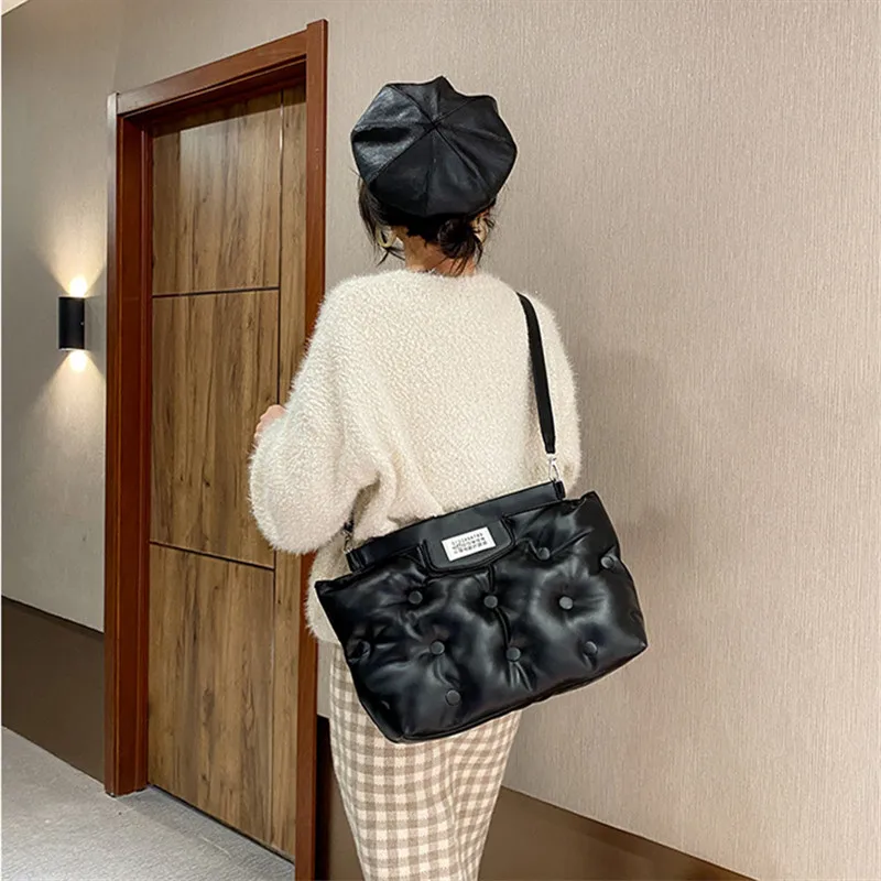 Women PU Leather Down Bag Handbag Large Capacity Shoulder Bag Winter Female Solid Color Space Padded Quilted Crossbody Bag