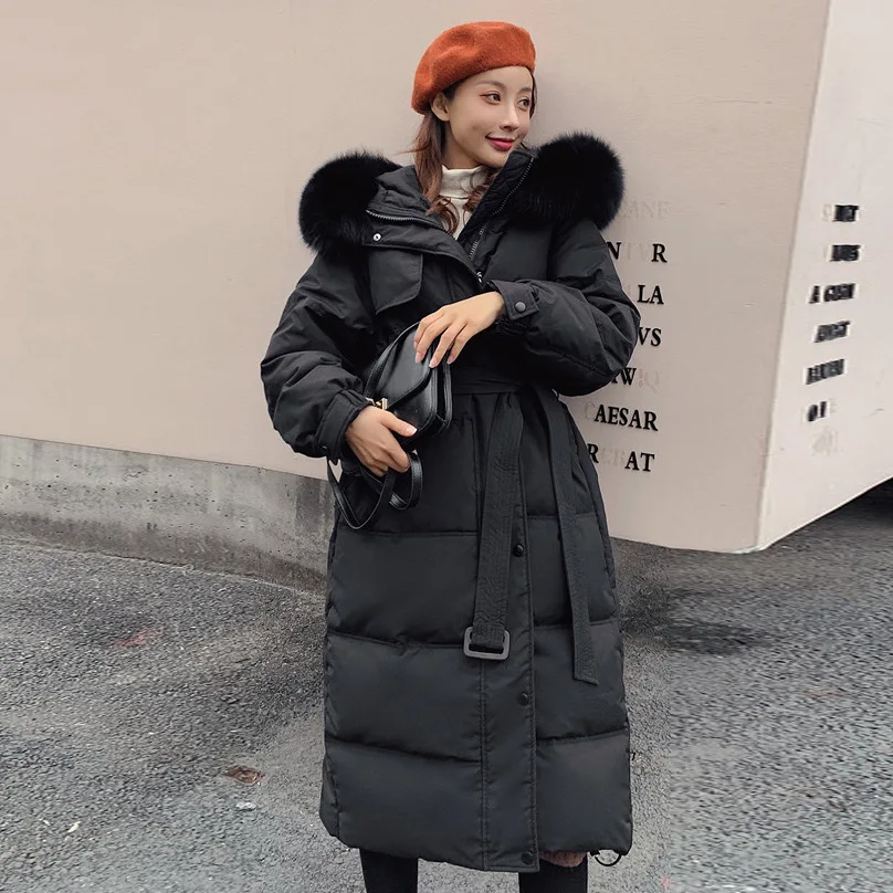 Winter Big Fur Hood Puffer Jacket Knee Length Slim White Duck Down Padded Overcoat With Belt Office Lady Down Parkas JK-884