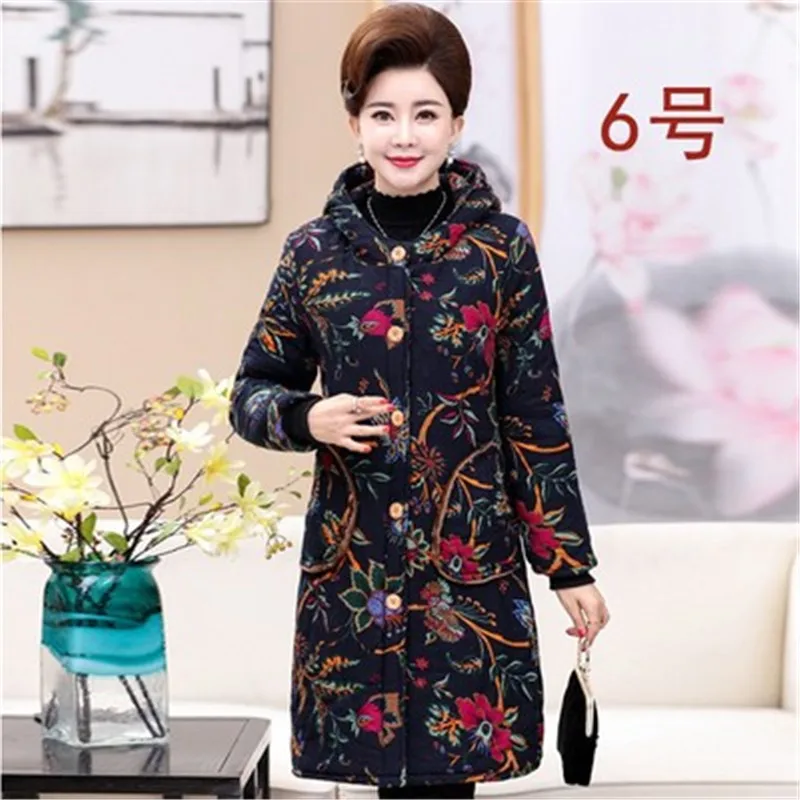 Winter Parkas women cotton jacket flocking thicken warm ethnic wind cotton coat middle-aged printed coat  A258