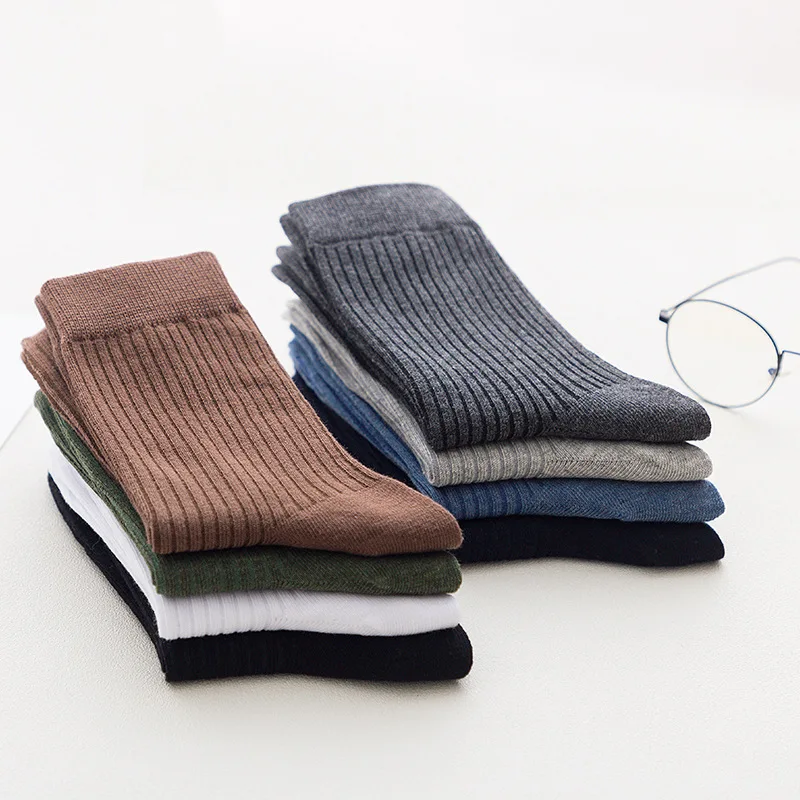 High Quality 5Pairs/lot Men\'s Socks Autumn Winter Vertical Stripes Wild Pure Color Cotton Male Long Socks