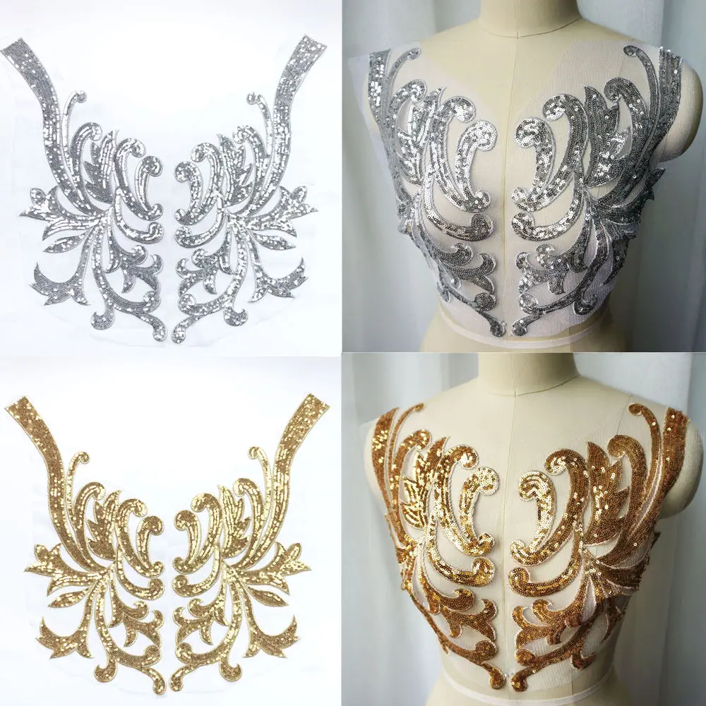 1 Pair Large Sequin Embroidery Lace Fabric Applique Sewing Collar Patch Wedding Gown Bridal Evening Party Dress DIY Crafts