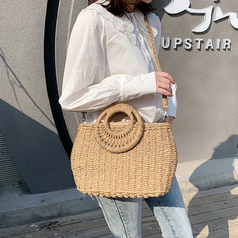 Summer Women Straw Beach Bag Handmade Crossbody Bag Raffia Circle Rattan Bags Bohemian Casual Woven Basket bags