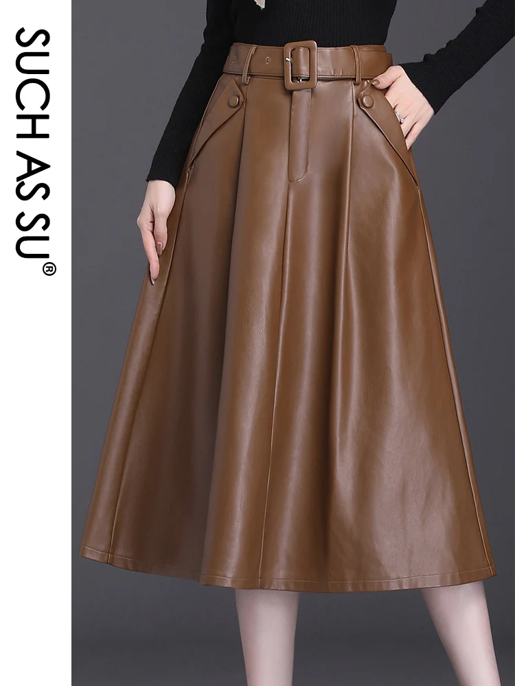 SUCH AS SU 4 Colors Available Autumn Winter New Arrival Ladies Skirts Pockets Pleated High Waist Leather Size Women Skirts