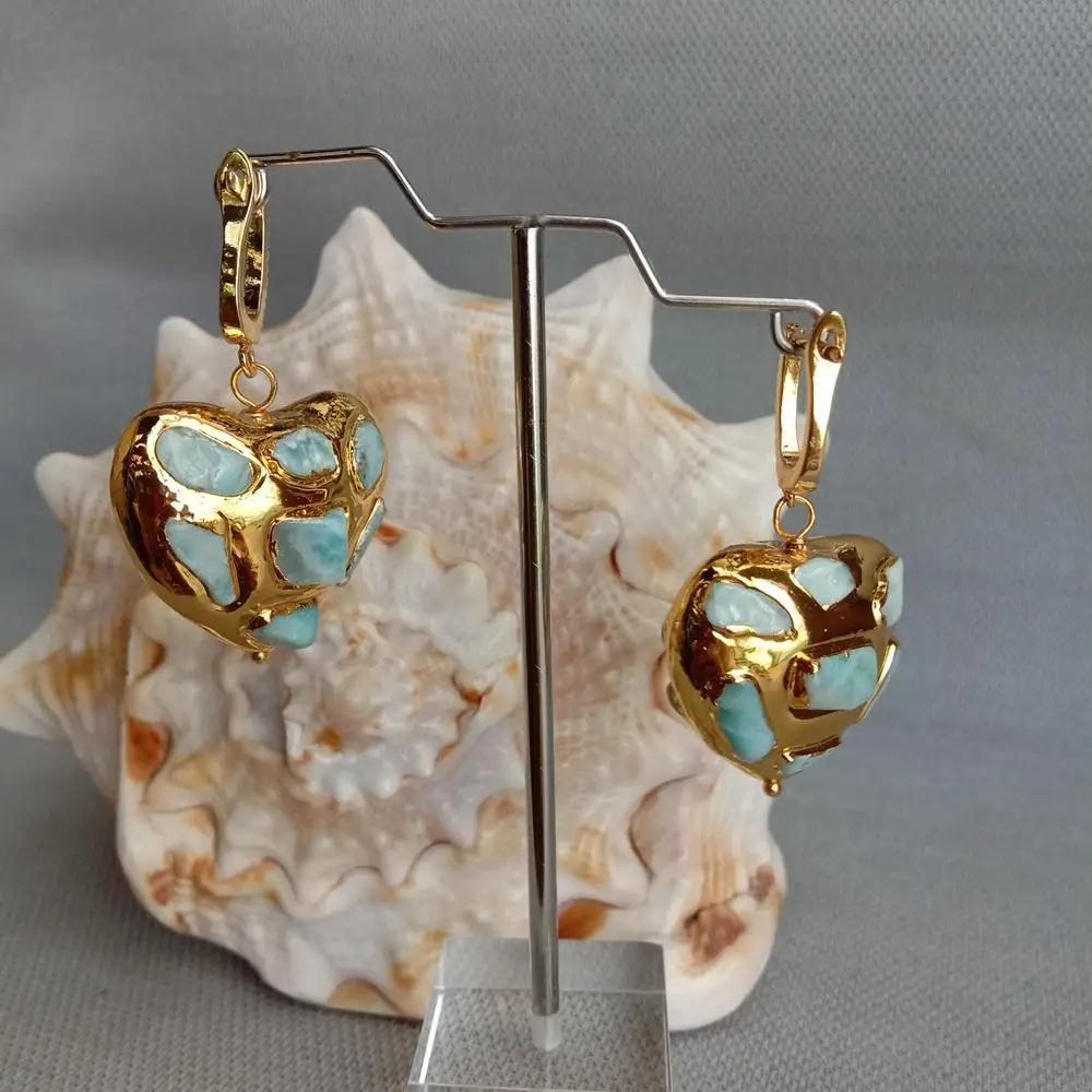 Y·YING Natural Blue Larimar Heart Shaped Yellow Gold color Plated Dangle LeverBack Earrings