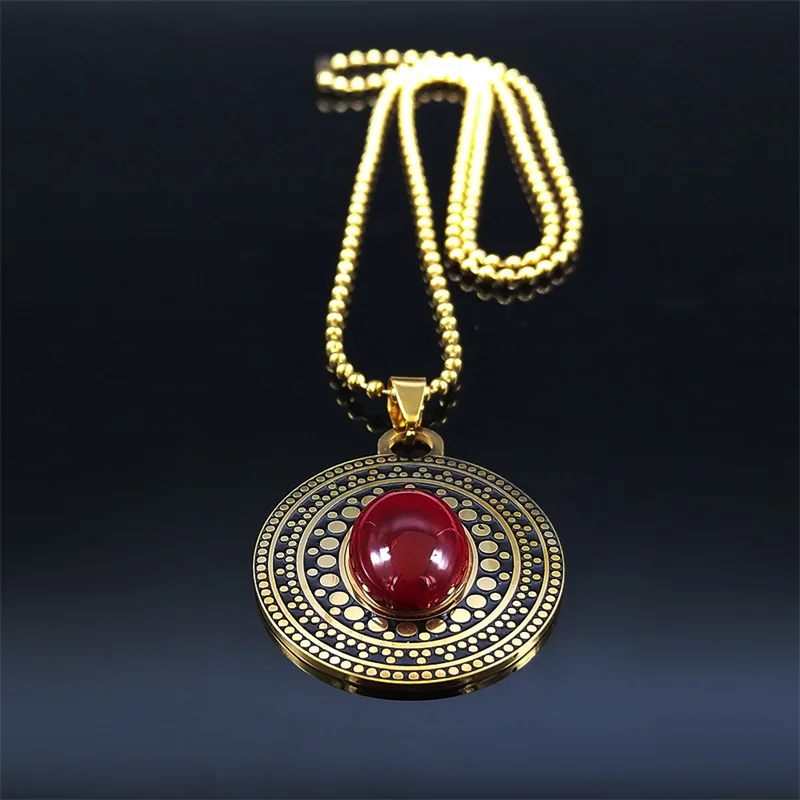 Bohemia Red Natural Stone Stainless Steel Oval Necklace Chain Women Gold Color Flower Necklace Jewelry cadenas mujer N3606S04