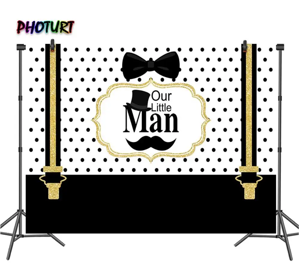 PHOTURT Little Man Photography Backdrops Baby Shower Birthday Party Photo Background Black White Dots Tie Vinyl Photo Booth Prop