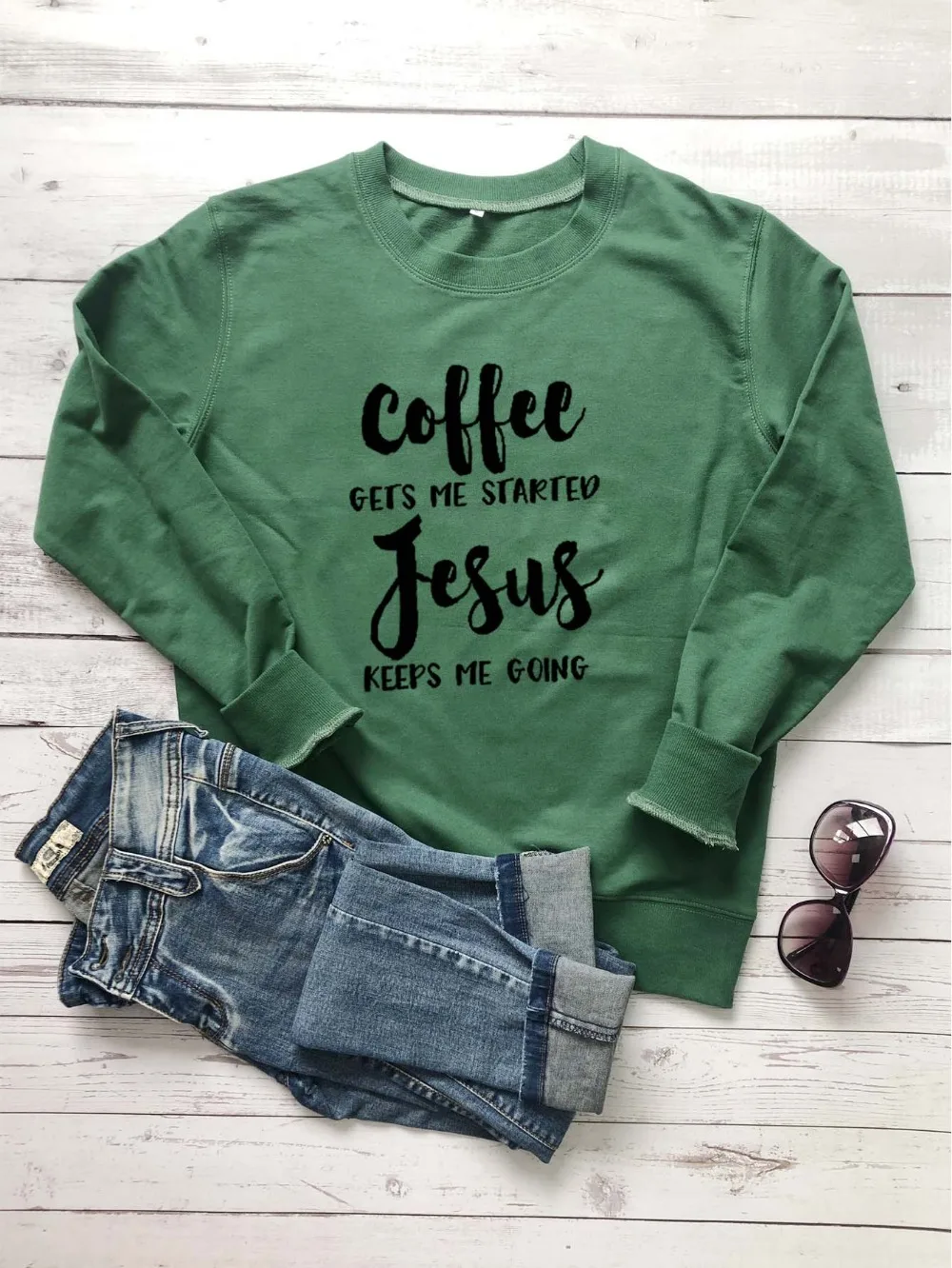 

Sweatshirt Coffee Gets Me Started Jesus Keep me Going Graphic Hoodies Funny Christian Baptism Clothes Jumper Bible Verse art Top