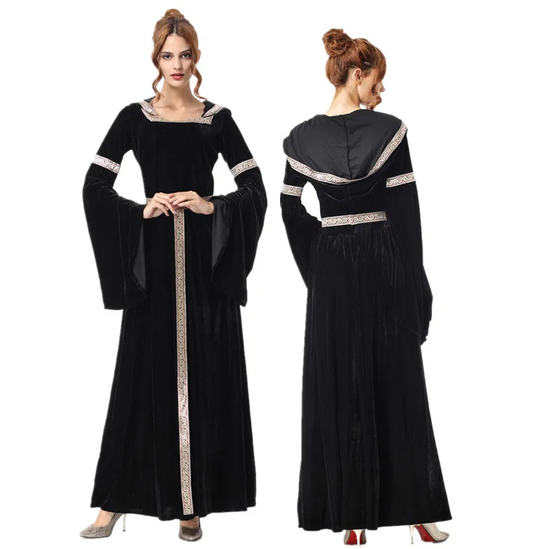 Luxury Medieval Court Retro Witch Costume Halloween Carnival Witch Cosplay Black Velvet Hooded Long Dress