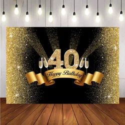 Happy 40th Birthday Backdrop Gold and Black 40th Birthday Photography Background Golden Glitter Photo Studio Booth Backdrop