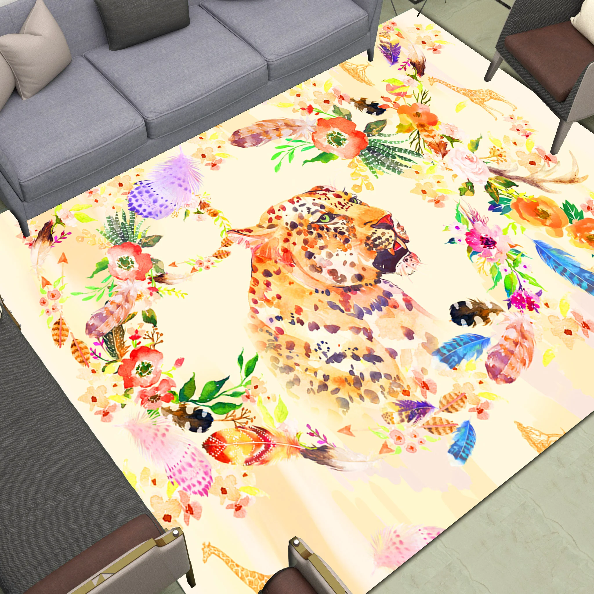 

Colorful Leopard Area Rugs Large Home Kitchen Living Room Bedroom Bathroom Carpet Decor Print Feather Flowers Painting Floor Mat