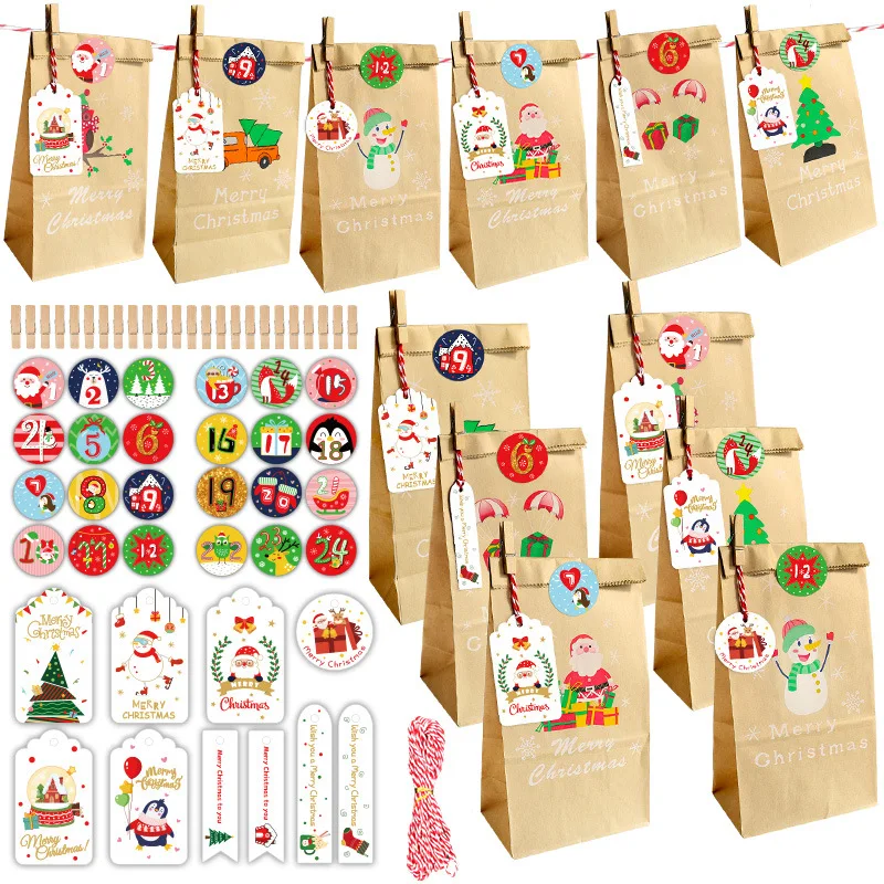 24sets Merry Christmas Kraft Paper Bag Candy Cookies Treats Baker Packaging Bags DIY Gift Bag Party Decor Favor Xmas Noel Navida