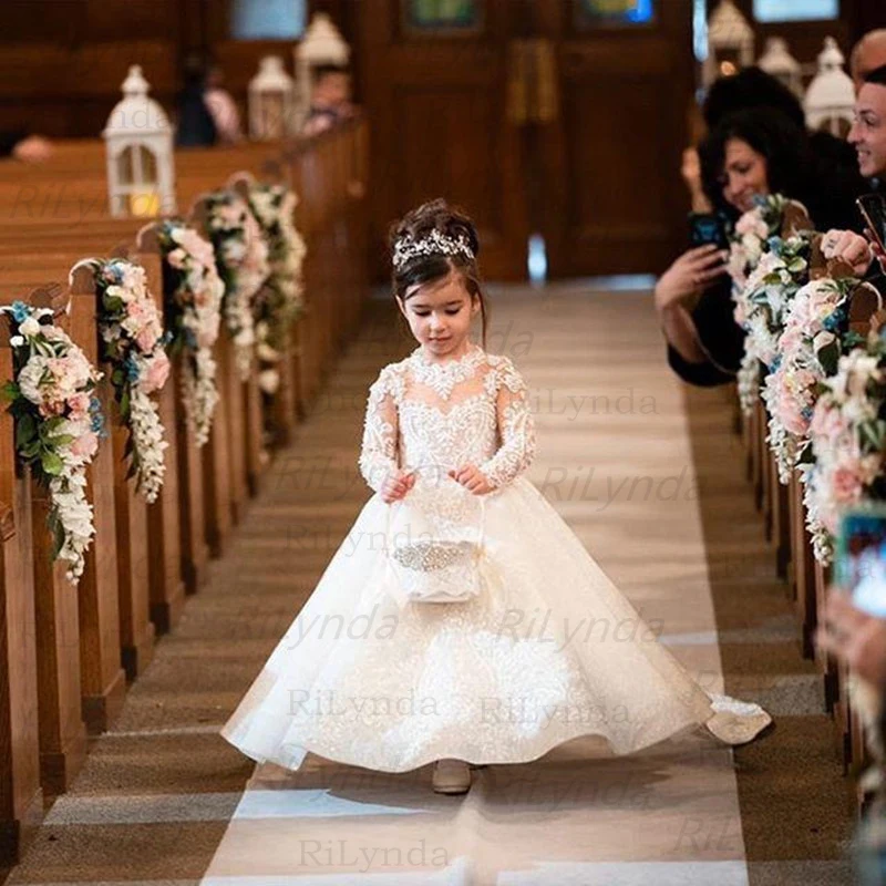 Vestiti Delle Ragazze di fiore A Maniche Lunghe In Pizzo Appliques abiti da noiva Formale Abiti Del Partito Per Le Ragazze