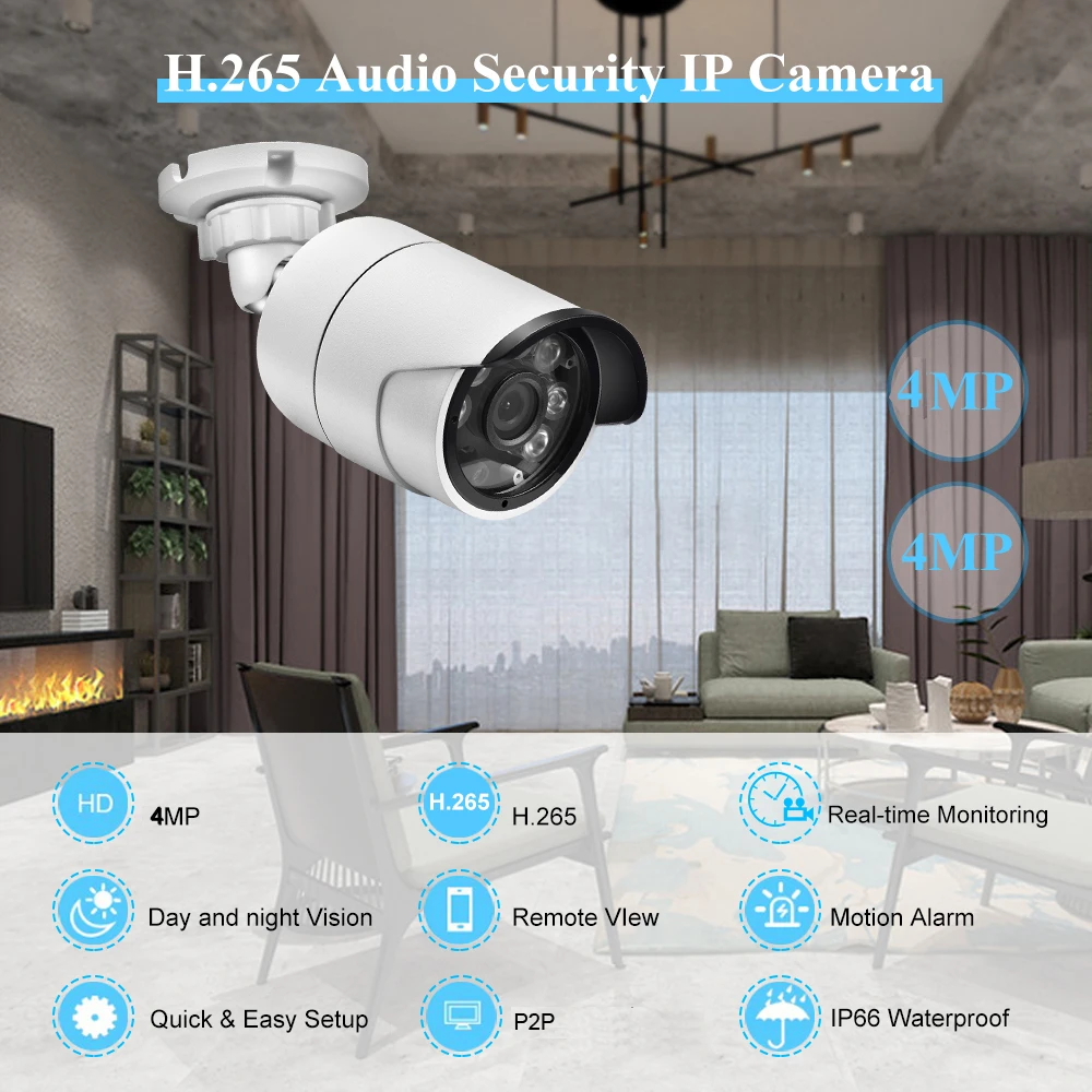 AZISHN FULL HD H.265 IP Camera 4MP 2560*1440  6PCS ARRAY IR LEDS Face Detection IP66 Waterproof CCTV P2P DC12V/48V PoE