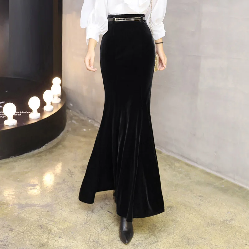 2022  Autumn Vintage Velvet Black Long Mermaid Skirt 2020 Fashion Women Elegant Velour Skirts With Belt DQ1279