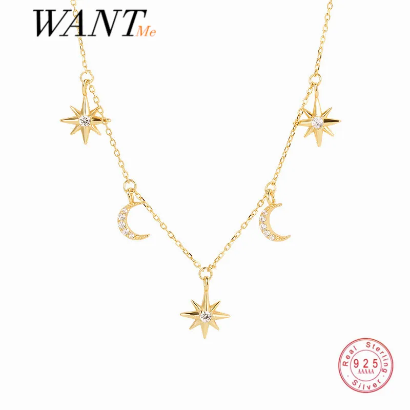 

WANTME Genuine 925 Sterling Silver Luxury Shiny Zircon Star Moon Pendant Clavicle Chain Necklace for Women Wedding Party Jewelry