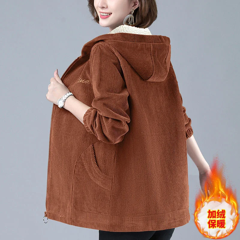 Corduroy Velvet Thick Short Coat Female Tide 2022 Autumn Winter Mothers Loose Warm Lamb Wool Zipper Slim Hooded Jacket A648