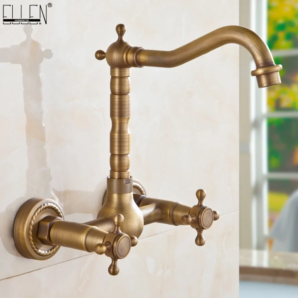 

Vidric Vintage Wall Mounted Kitchen Sink Faucet Dual Handle Antique Brass Bronze Hot and Cold Swivel Kitchen Faucets EL1310