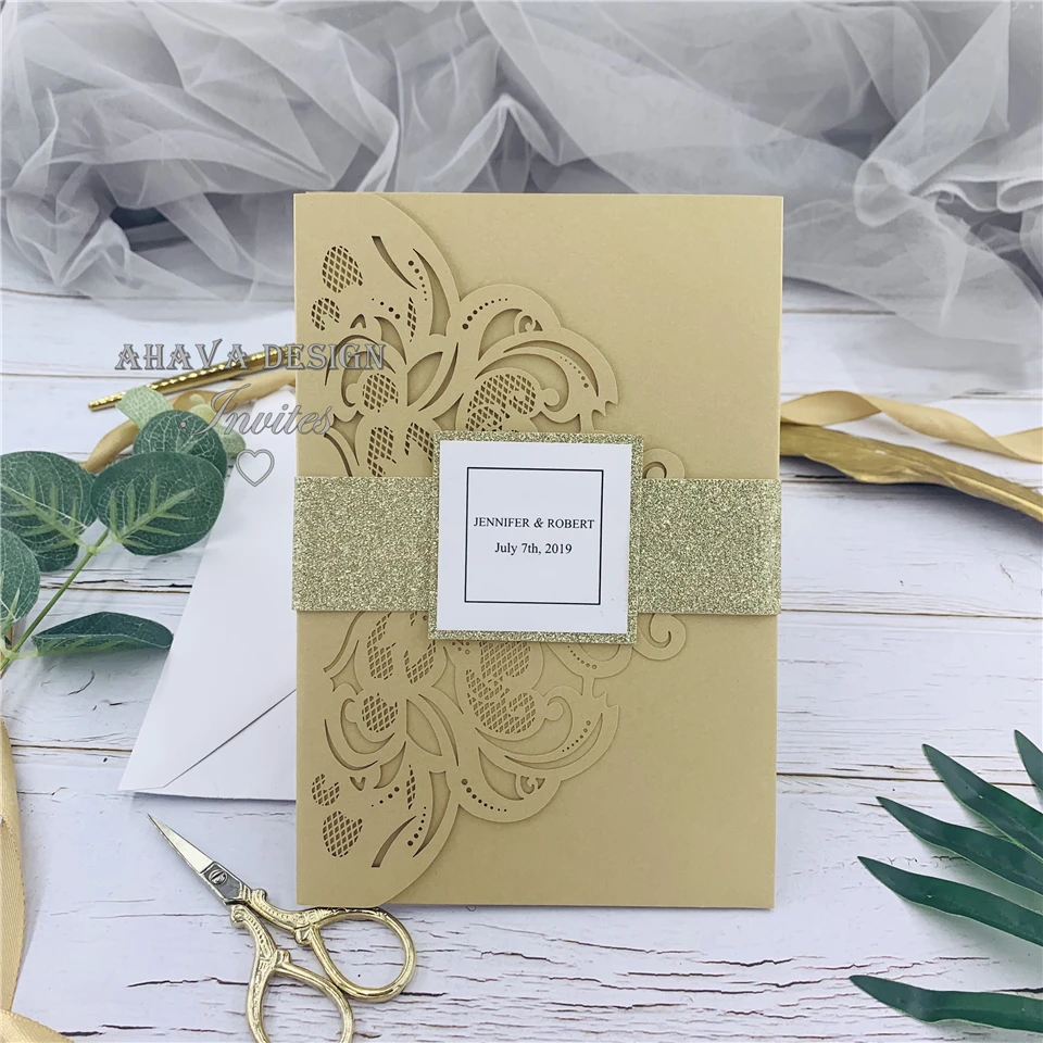 Modern Gold Tri-fold Laser Cut Wedding Invites With Respond Card, Personalized Tag&Belly Band