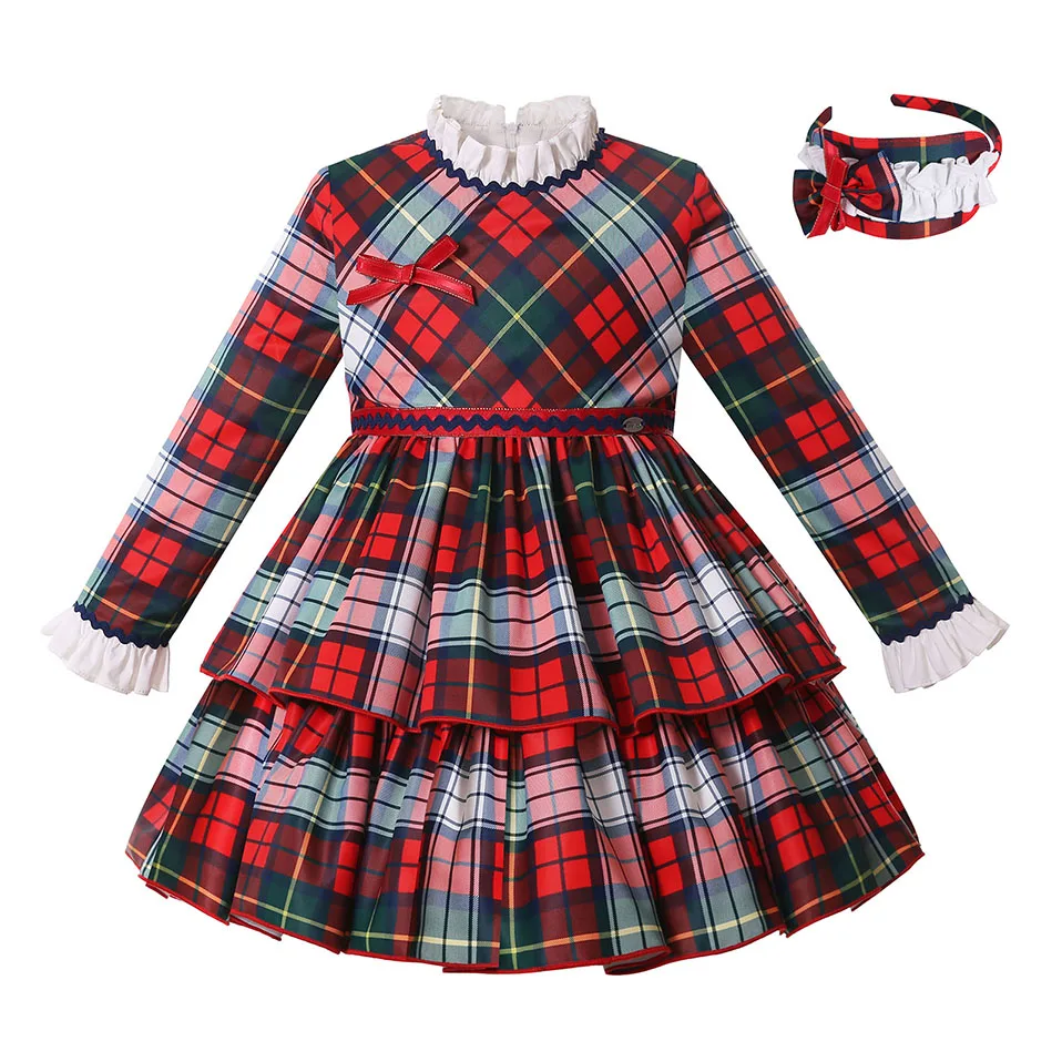 Pettigirl Christmas Kids Red Plaid Pageant Dresses for Children Girls Vintage Clothing Outfits Size 234567810 12Y &Hairband