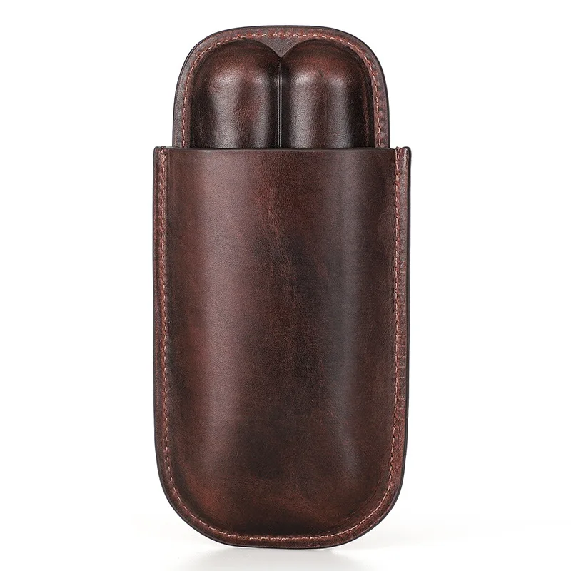 100% Genuine Leather Cigar Case Holster 2pcs Cigars Travel Carrying Cover Smoking Pipe Humidor Box Bag Fit for COHIBA Cigars