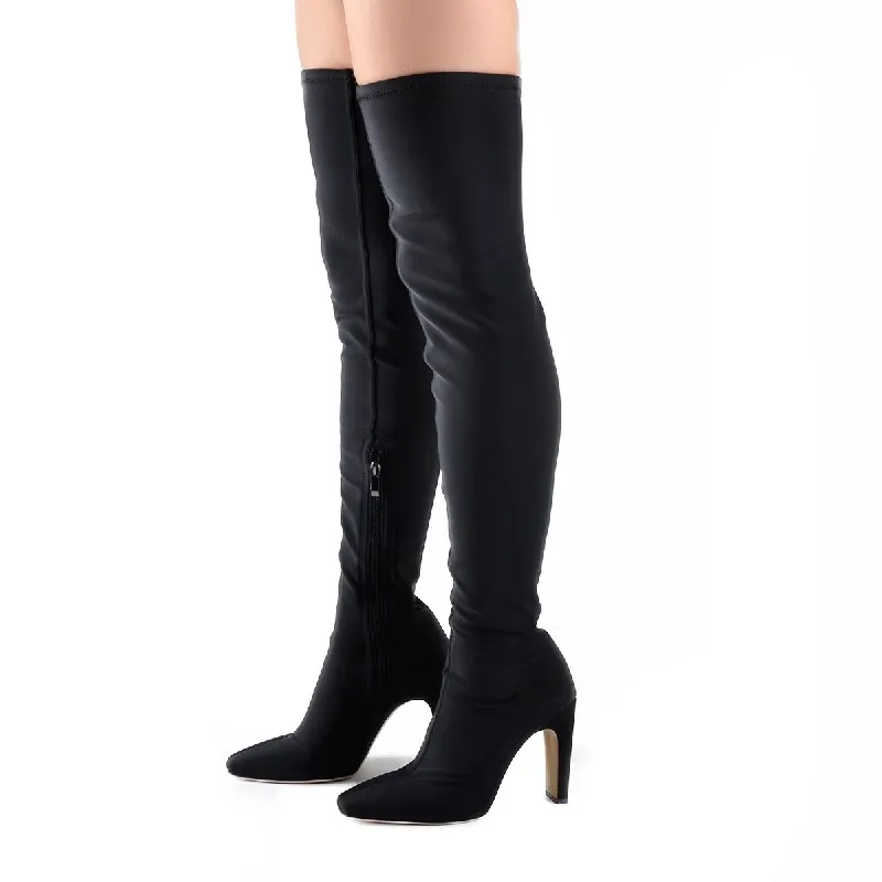 Onlymaker Sexy Female Black Lycra Bootie Thigh High Pointy Toe Stiletto Elastic Over The Knee Sock Long Boots Large Size Shoes