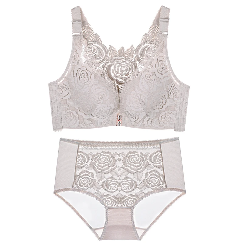 Large size front buckle rose underwear set without steel bracket woman large bra fat MM 200 kg large size bra set 52D 120D