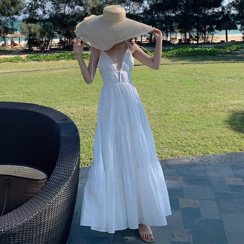 Summer Elegant Women Maxi Dress Chic White Mujer Sexy Strap Backless Long Dresses Party Club Beach Vacation Robe Femme Vestidos