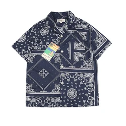 Copper Srcew Indigo Paisley Aloha Shirts Vintage Style Men Hawaiian Short Sleeve Tee