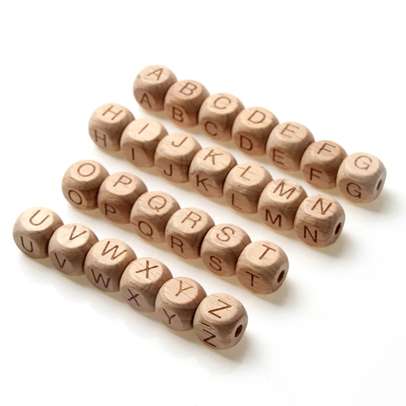 20pcs Square Natural Beech Wooden Loose Letter Beads For Jewelry Making Handmade Toy Bracelet DIY Pacifier Chain Safe