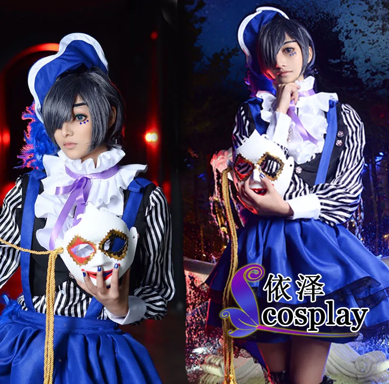 Roupa de cosplay do anime kuroshitsuji book of circo sky fantasia de mordomo preto + camiseta + calça + chapéu + meias para halloween