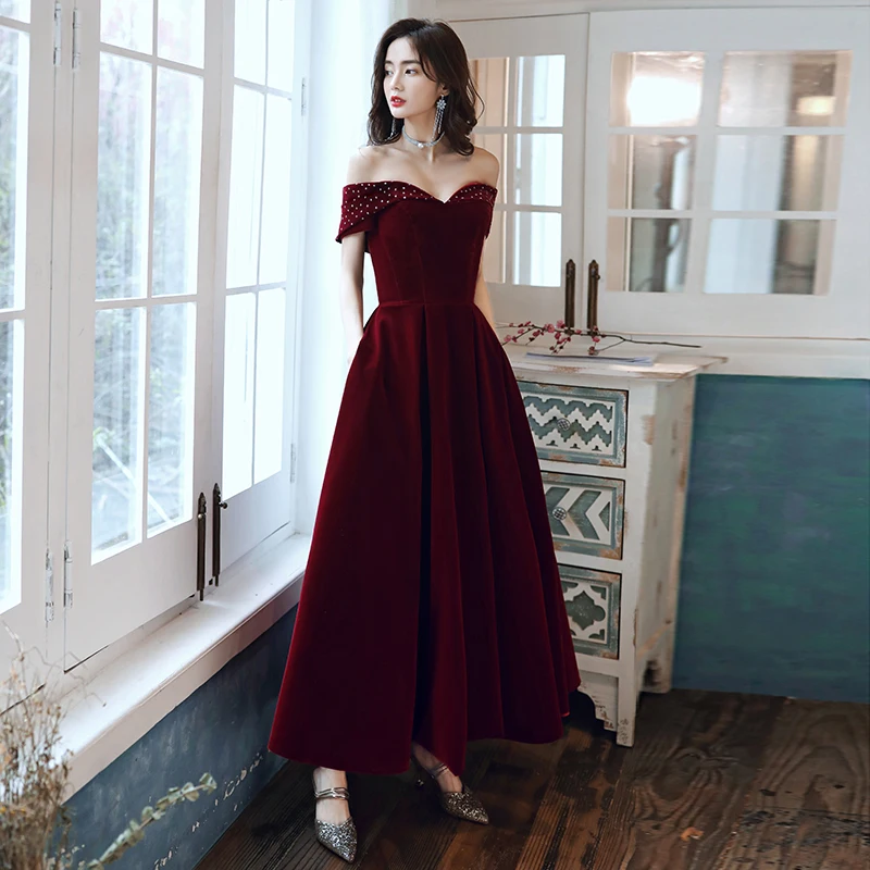 

Burgundy Evening Dresses Simple Velour Boat Neck Short Sleeves A-line Ankle-length Plus Size Customized Women Formal Dress