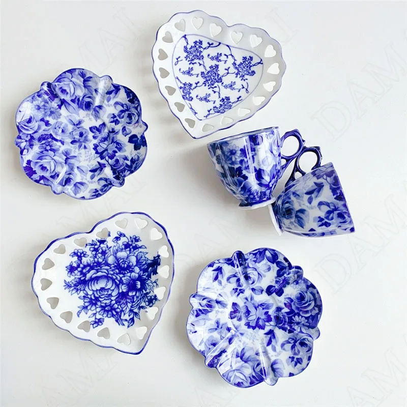 Hollow Out Ceramics Plate Blue and White Porcelain Cake Dessert Dish European Underglaze Color Afternoon Tea Cup and Saucer Set