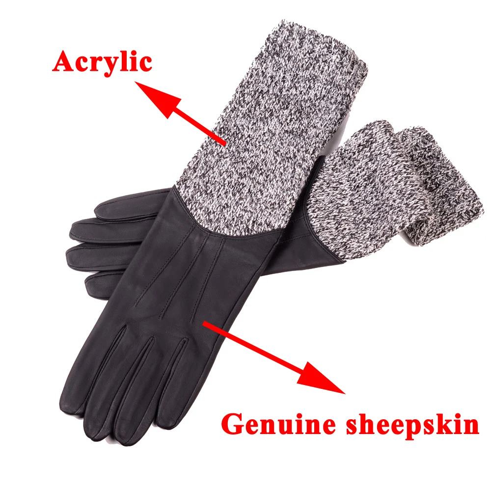 40 cm Long Gloves For Women Stylish ACC Genuine Leather Knitted Patchwork Luvas Mujer Winter Arm Warmers Sleeves Mitaine Gemme