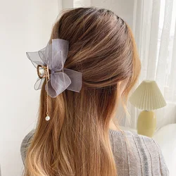 New Women Elegant Chiffon Bow Pearl Pendant Metal Hair Claws Sweet Hair Decorate Back Head Hair Clips Fashion Hair Accessories