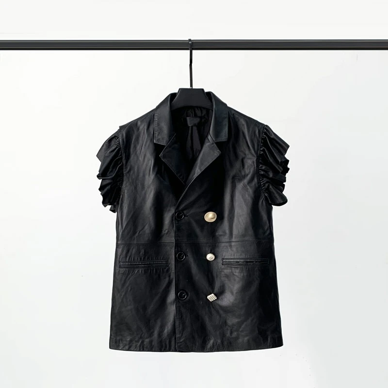 

2021 Autumn New Leather Suit Vest Women's Long Sleeveless Leather Coat Wood Ear Waistcoat Sheepskin Coat Tide