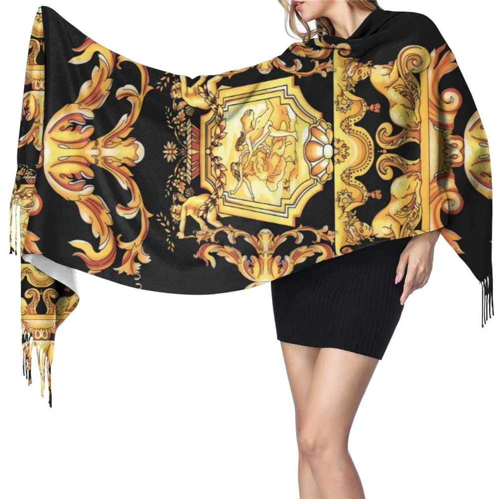 

WHEREISART Women's Luxury Scarf Golden Pattern Long Shawls Wraps Hijab Scarves Pashmina Tassels Thin Headband Europe And America