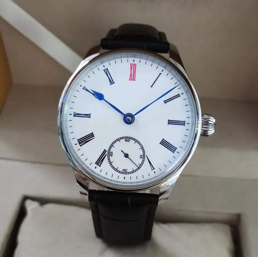 GEERVO No logo 41mm orologio meccanico manuale da uomo quadrante bianco numero romano mano blu ST3621 movimento di seconda mano è alle 6 in punto