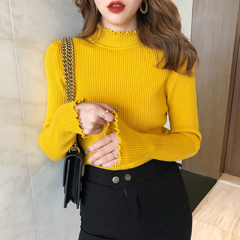 TingYiLi Waves Edge Turtleneck Sweater Women Korean Spring Autumn Basic Knitted Tops Beige Blue Yellow Black White Pink Sweater