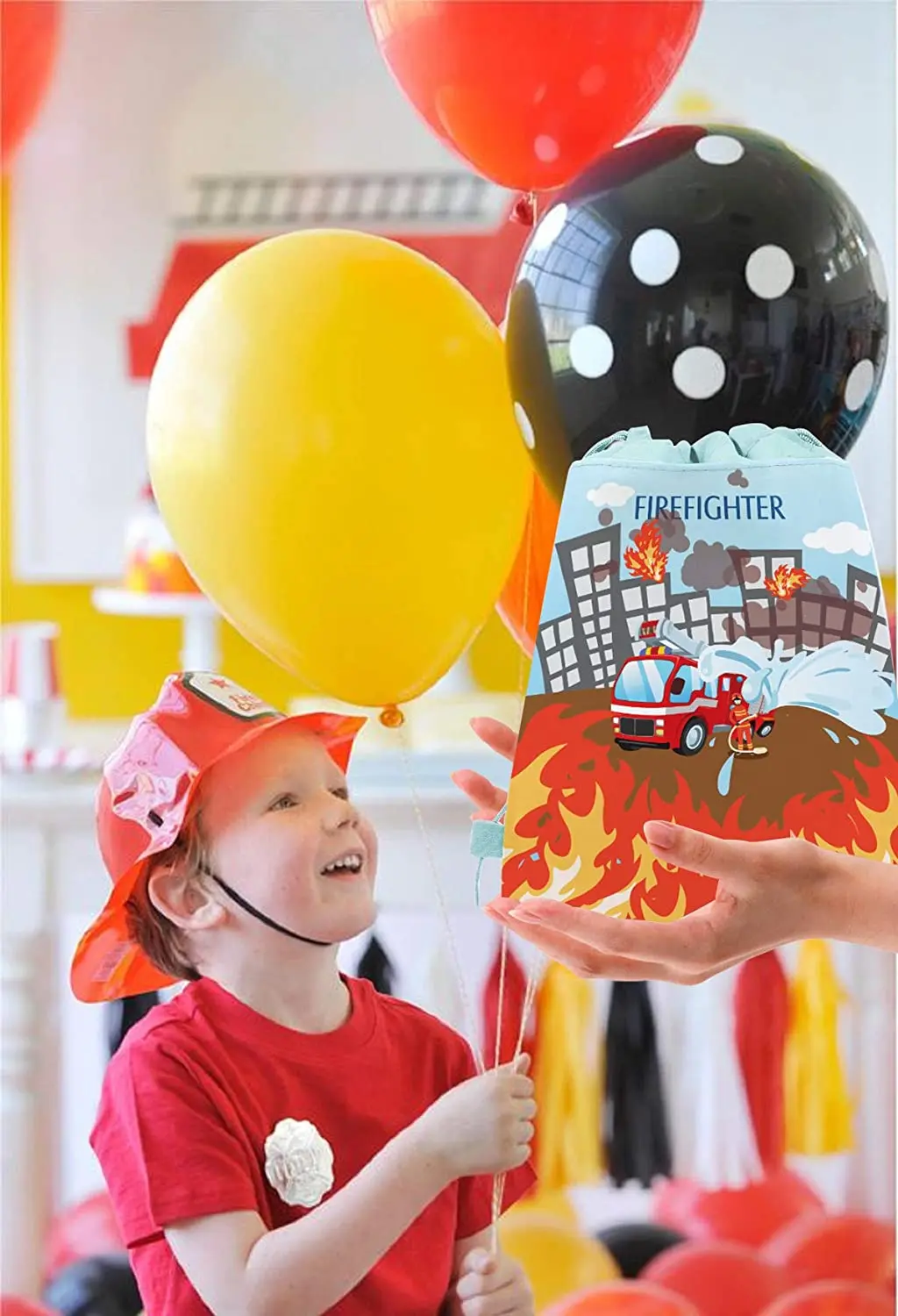 Firetruck Birthday Party Decor Snack Candy Bags Firefighter Drawstring Backpack Fire Party Favor Bags Fireman Theme Supplies