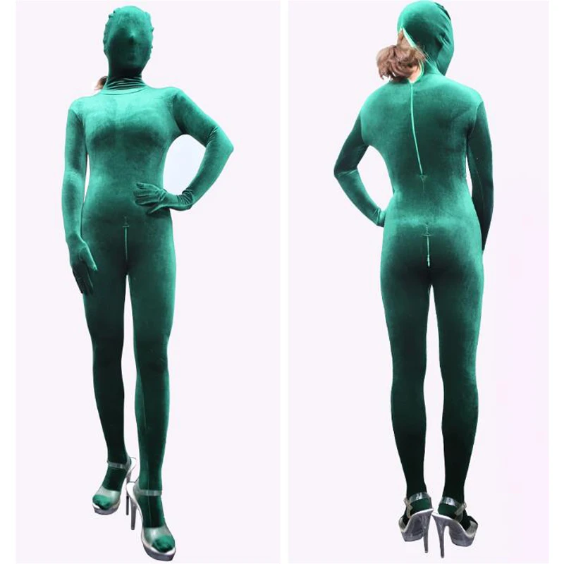 Unisex Elastische Fluwelen Een Stuk Panty Volledige Jas Zentai Aparte Vingers Lange Mouwen Rits Open Kruis Bodysuit Winter Jumpsuit