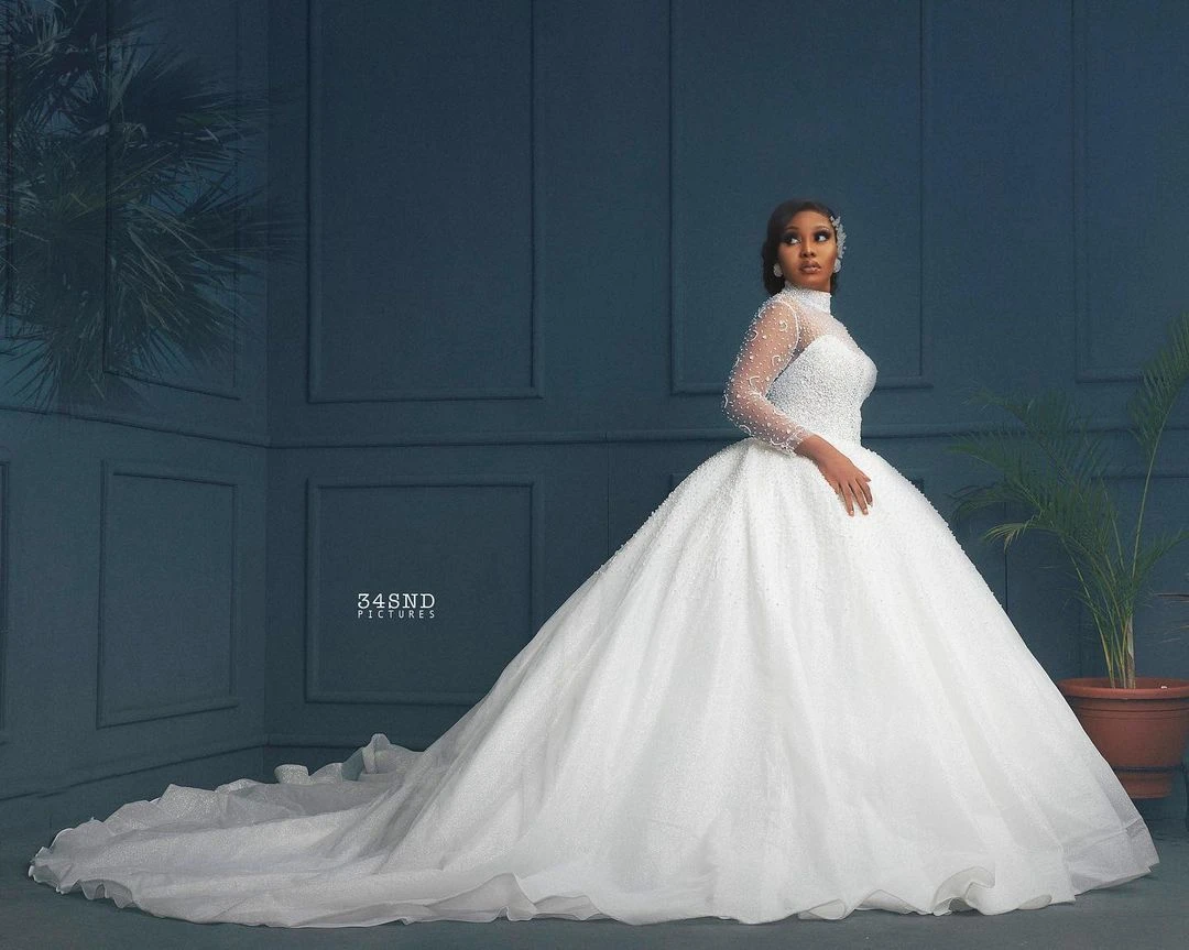 2025 árabe Dubai lujo lentejuelas vestidos De novia nupciales ilusión De perlas cuello alto vestidos De novia africanos nuevo bata De Mariee